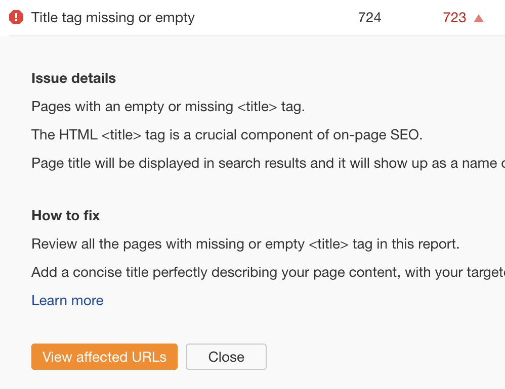 How to Do an SEO Audit in 11 Easy Steps (With Checklist) | Title tag issues in Ahrefs' Site Audit