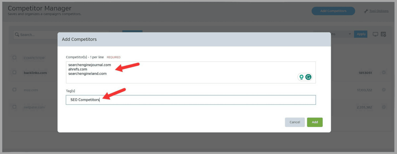 Raven tools 55 Add more competitors for further insights