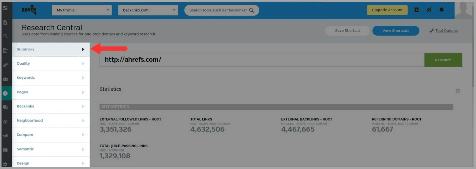 Raven tools 57 Research Central tabs