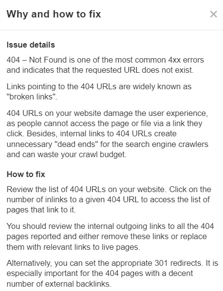 What Is an SEO Score & How Do You Check Yours (For Free) | "Why and how to fix” option for 404 pages, via Ahrefs' Site Audit