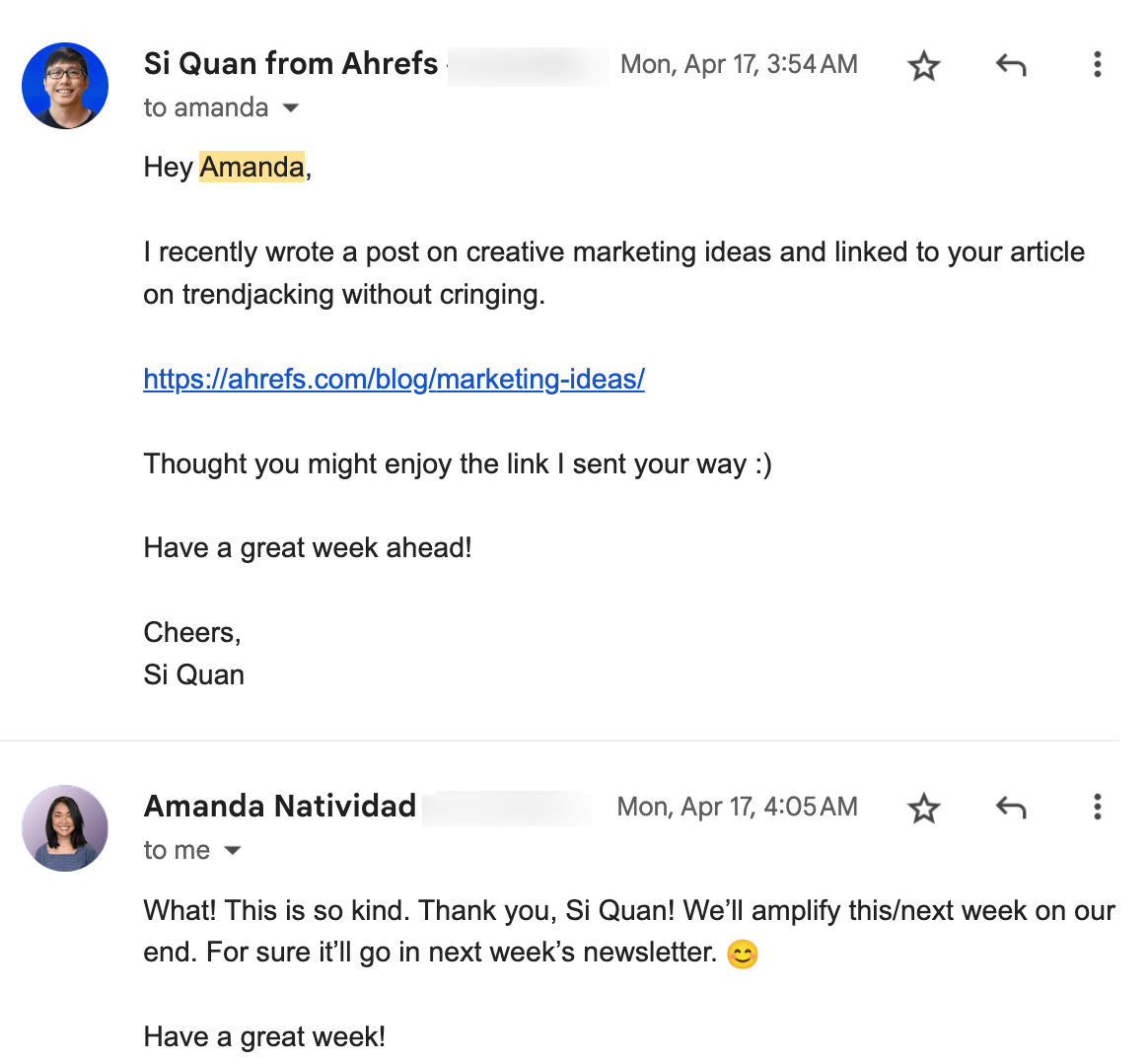 21 Proven Ways to Drive Traffic to Your Website | Reply from marketer Amanda Natividad after SQ let her know he had featured her post