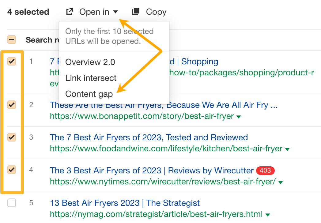 Search Intent in SEO: What It Is & How to Optimize for It | "Open in Content gap" feature, via Ahrefs' Keywords Explorer