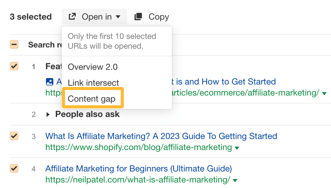 13 SEO Techniques for More Traffic | "Open in Content gap" feature, via Ahrefs' Keywords Explorer