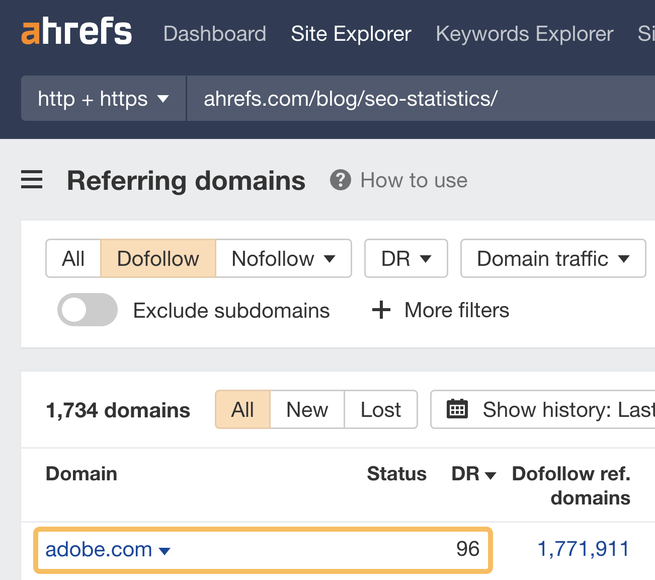 13 SEO Techniques for More Traffic | DR 96 Adobe backlink, via Ahrefs' Site Explorer