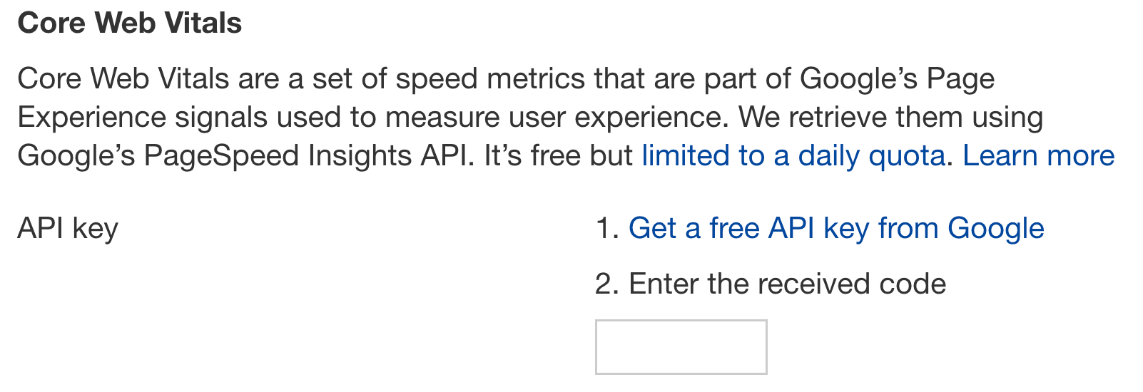 13 SEO Techniques for More Traffic | Core Web Vitals API key, via Ahrefs' Site Audit