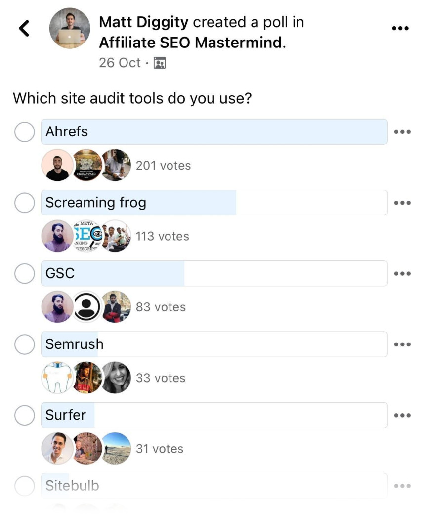 What Is an SEO Consultant? Do You Need One? | Matt Diggity's survey showing most respondents selecting Ahrefs as their site audit tool of choice