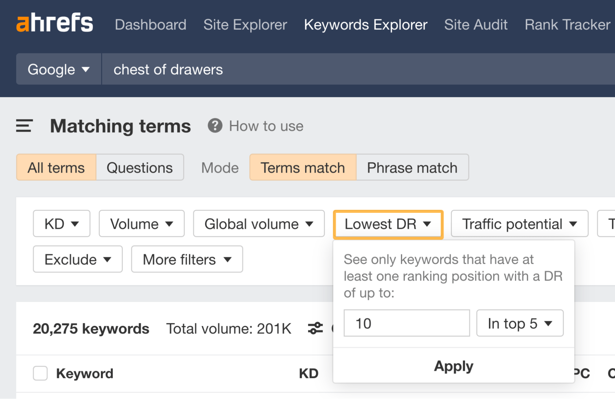 13 SEO Techniques for More Traffic | Lowest DR filter, via Ahrefs' Site Explorer
