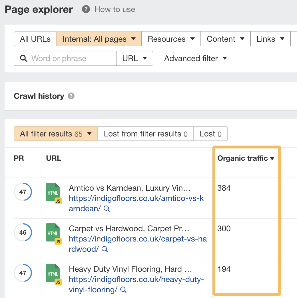 Master E-commerce SEO in 2023: Beginner's Guide | How to find top pages using Page Explorer, via Ahrefs' Site Audit