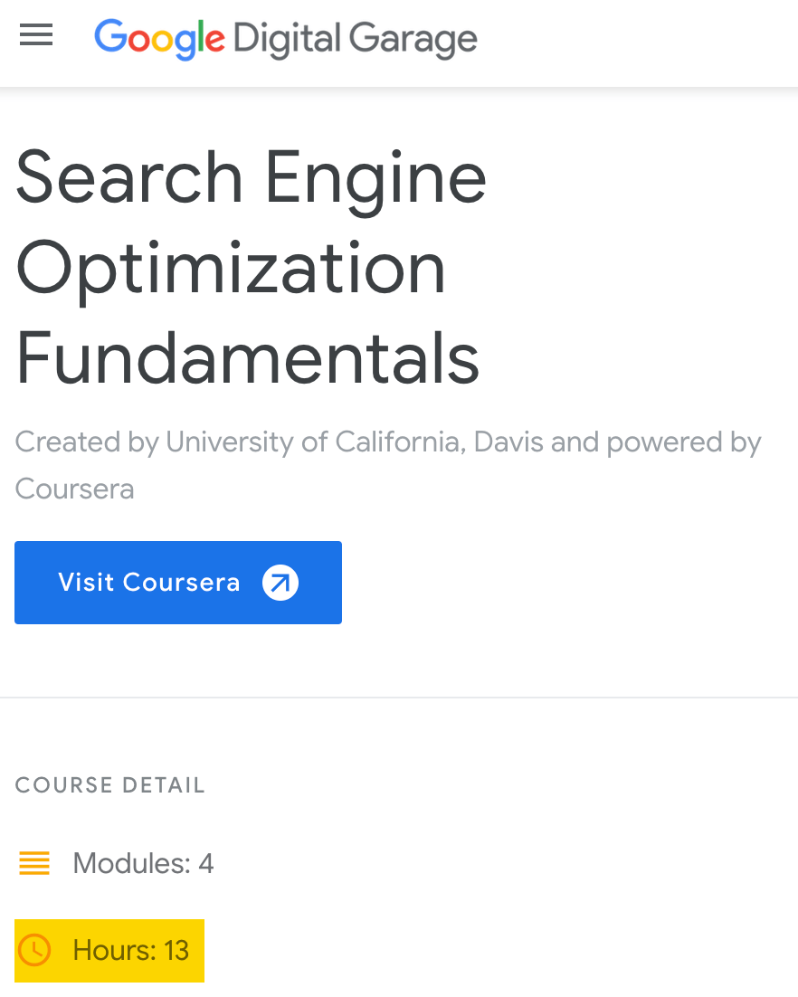 5 Best SEO Certifications in 2023 | Number of hours of material in Google’s SEO Fundamentals certification