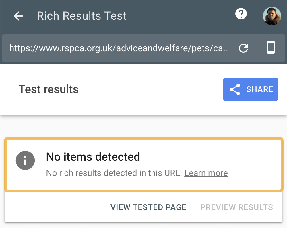 Rich Snippets: What Are They & How Do You Get Them? | "No items detected" message, via Rich Results Test