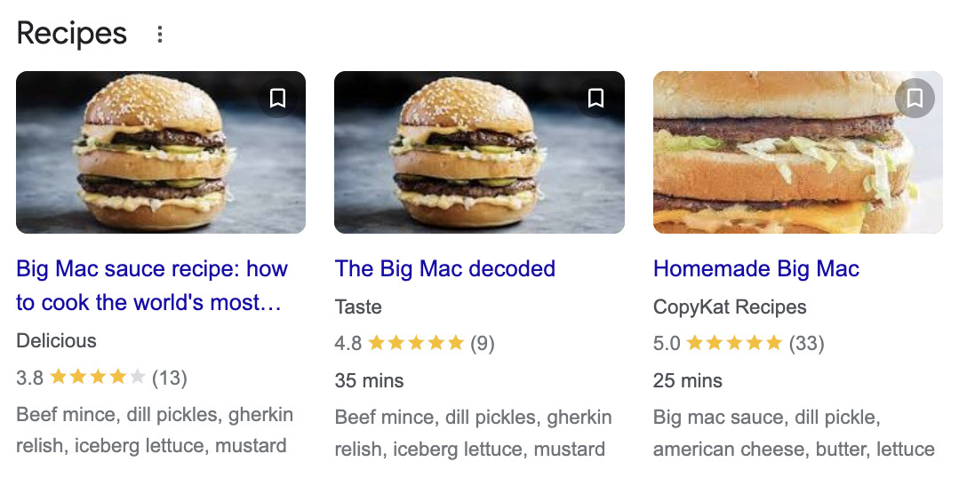 Rich Snippets: What Are They & How Do You Get Them? | Recipes carousel example, via google.com