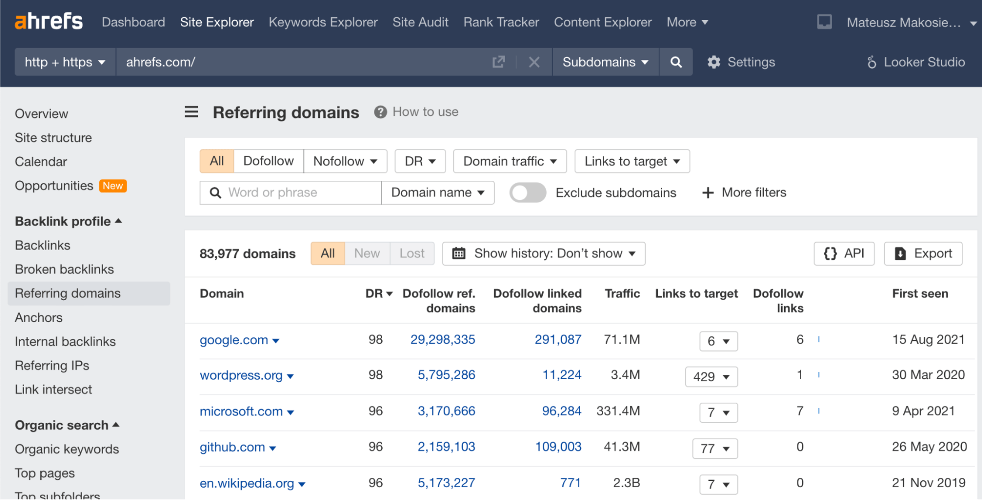 SEO Monitoring Explained: Best Free Tools to Get Started | Referring domains report in Ahrefs Webmaster Tools