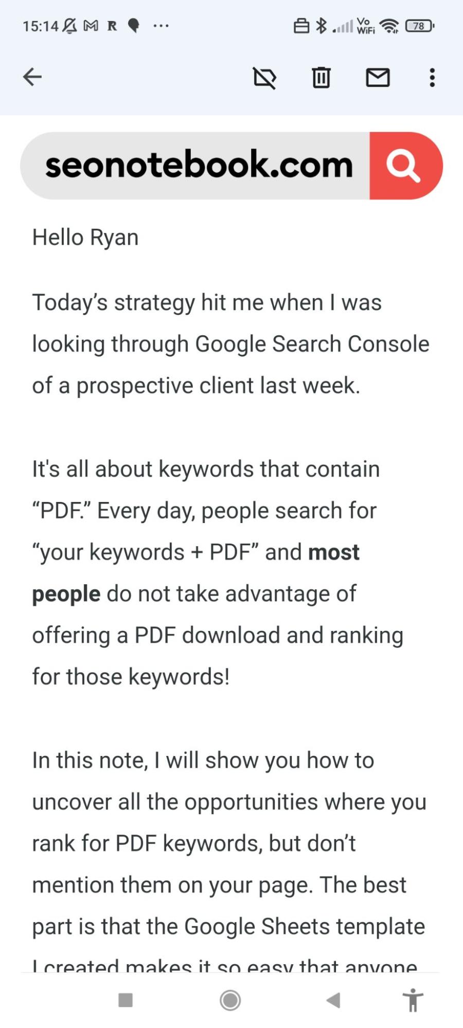 I Subscribed to 71 SEO Newsletters. Here Are My 10 Favorites | Inbox screenshot of the SEO Notebook newsletter