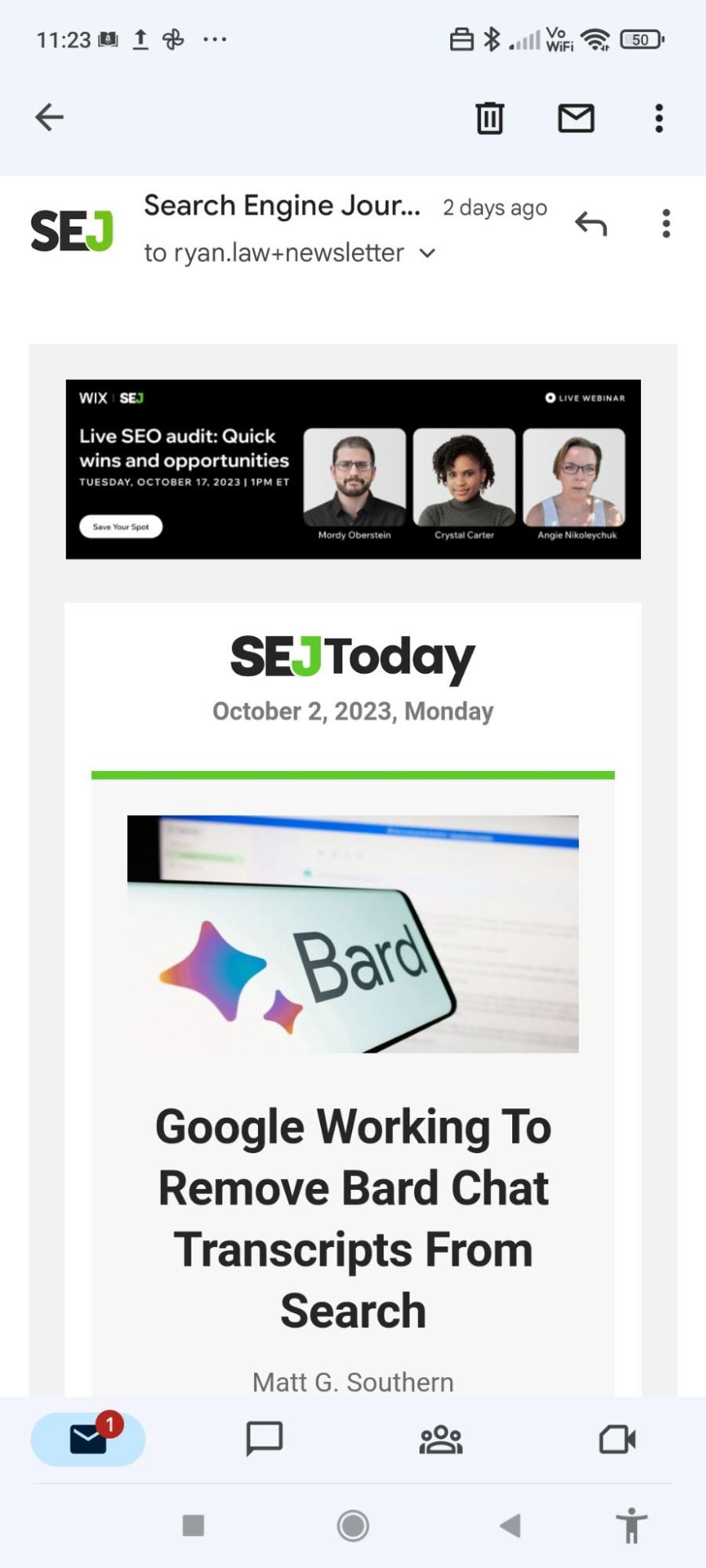 I Subscribed to 71 SEO Newsletters. Here Are My 10 Favorites | Inbox screenshot of the Search Engine Journal newsletter