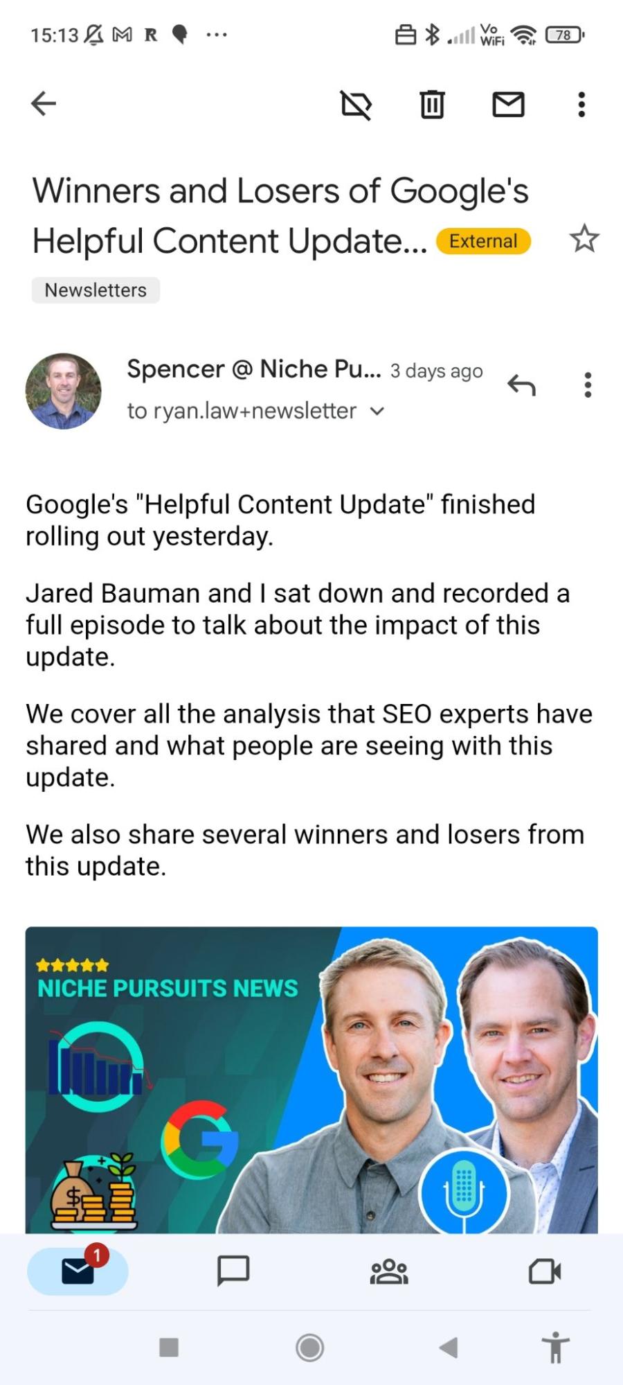 I Subscribed to 71 SEO Newsletters. Here Are My 10 Favorites | Inbox screenshot of the Niche Pursuits newsletter