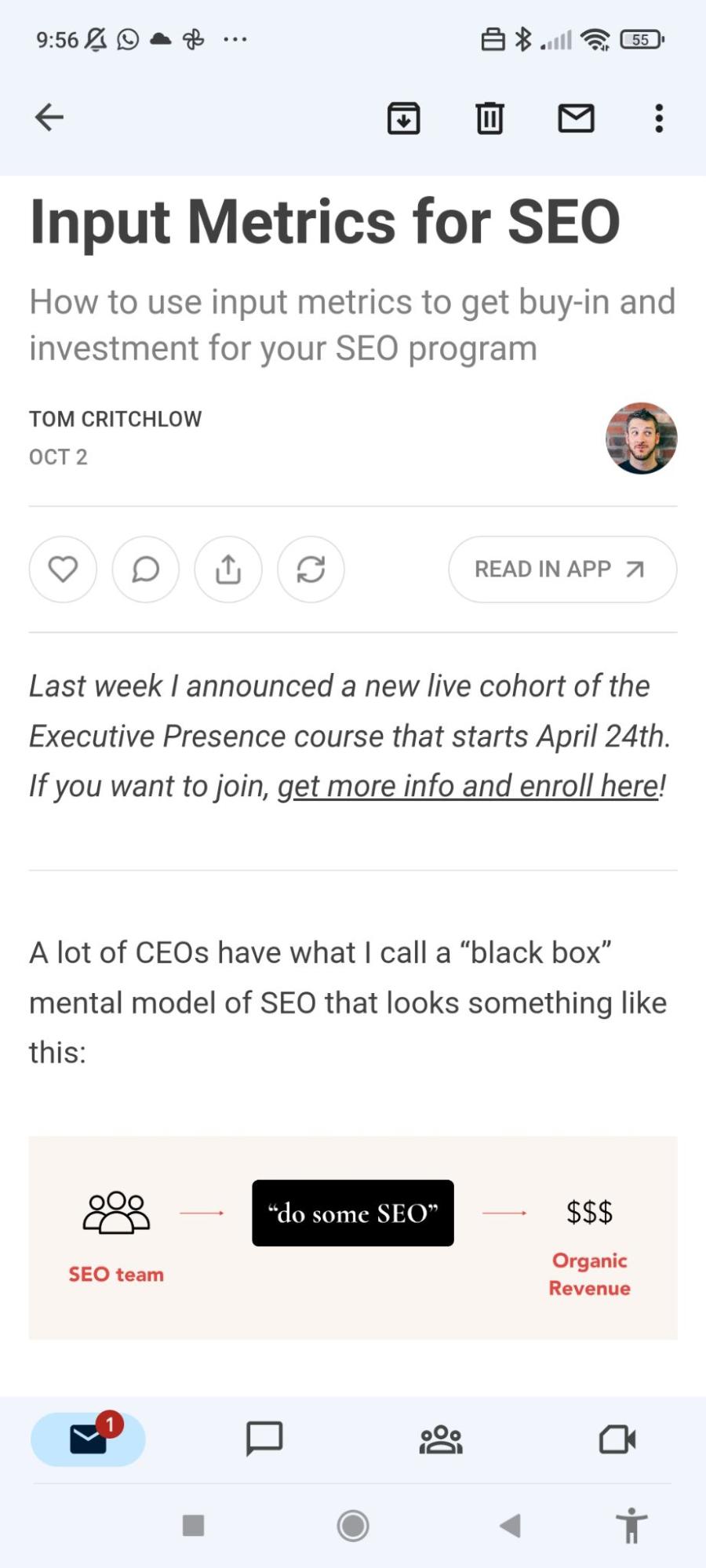 I Subscribed to 71 SEO Newsletters. Here Are My 10 Favorites | Inbox screenshot of the SEO MBA newsletter
