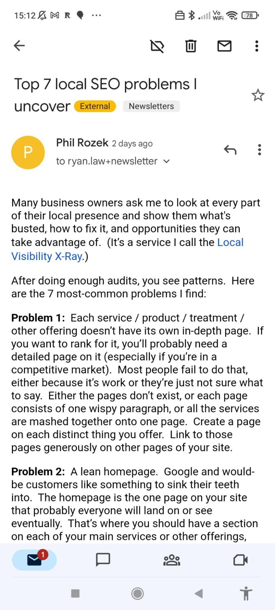 I Subscribed to 71 SEO Newsletters. Here Are My 10 Favorites | Inbox screenshot of the Local Visibility System newsletter