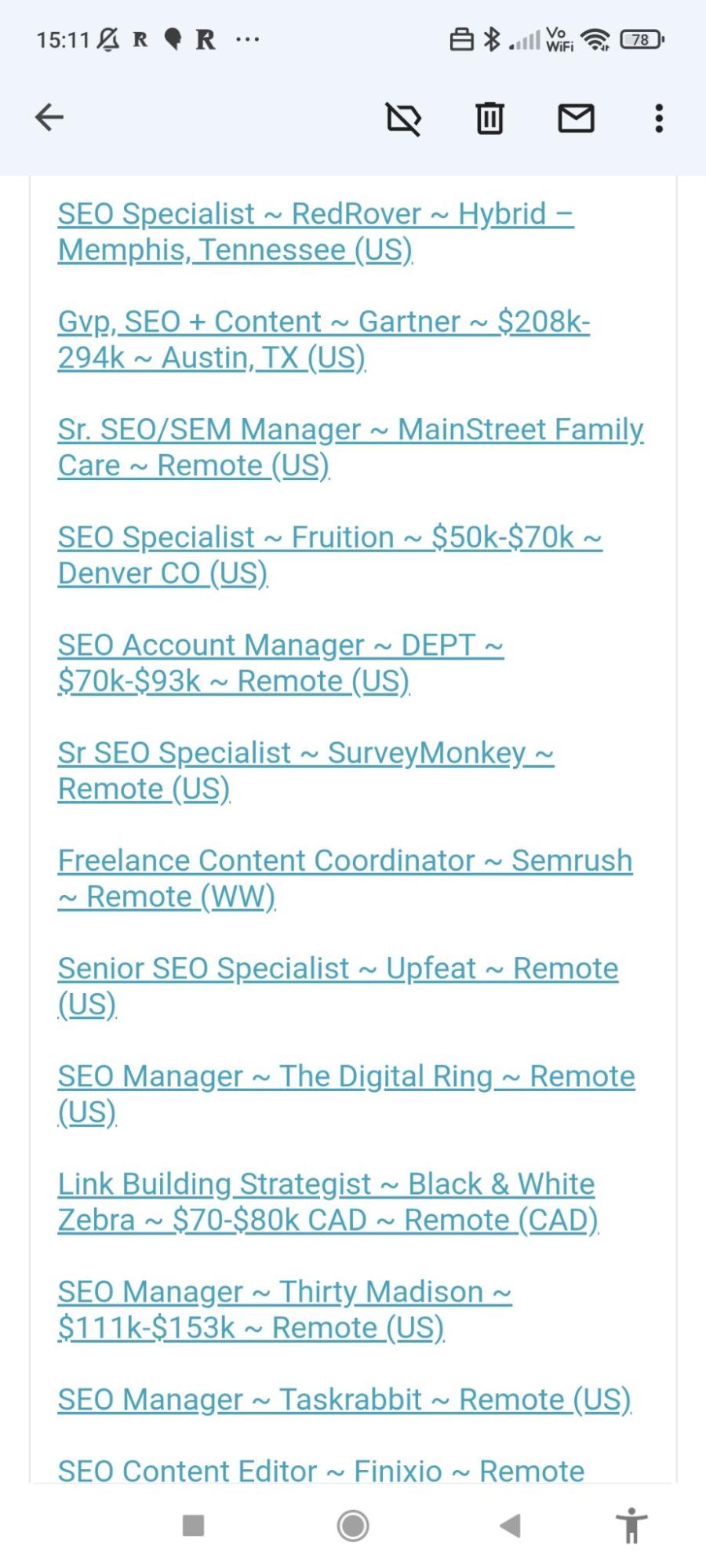 I Subscribed to 71 SEO Newsletters. Here Are My 10 Favorites | Inbox screenshot of the SEO Jobs newsletter