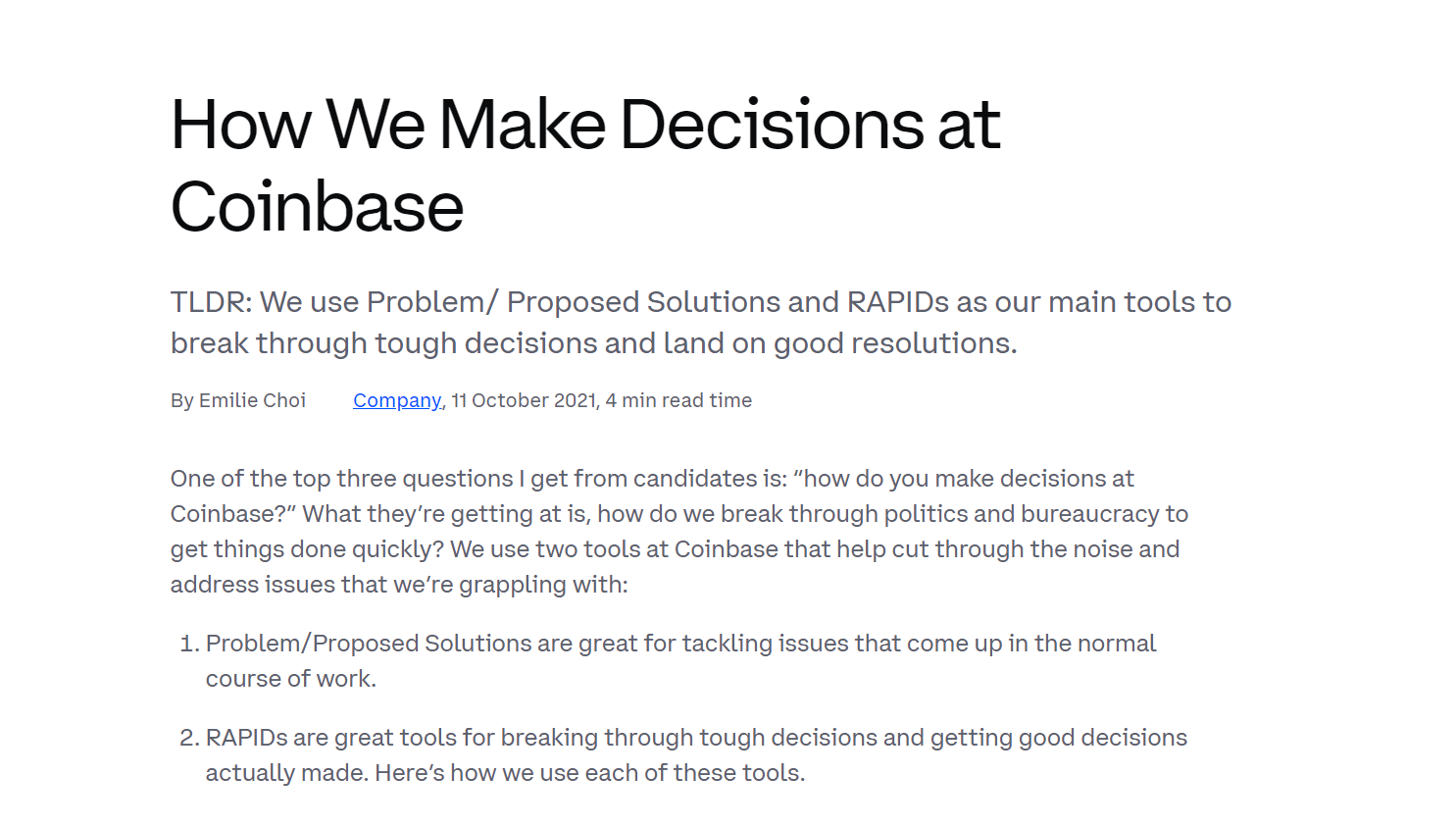 Content Ideation: 8 Ways to Generate Infinite Blog Post Ideas | Coinbase share their decision-making framework.