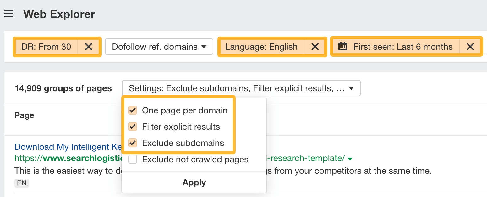 7 Popular White Hat Link Building Techniques (That SEOs Are Still Using Today) | Filters to narrow down unlinked mention opportunities