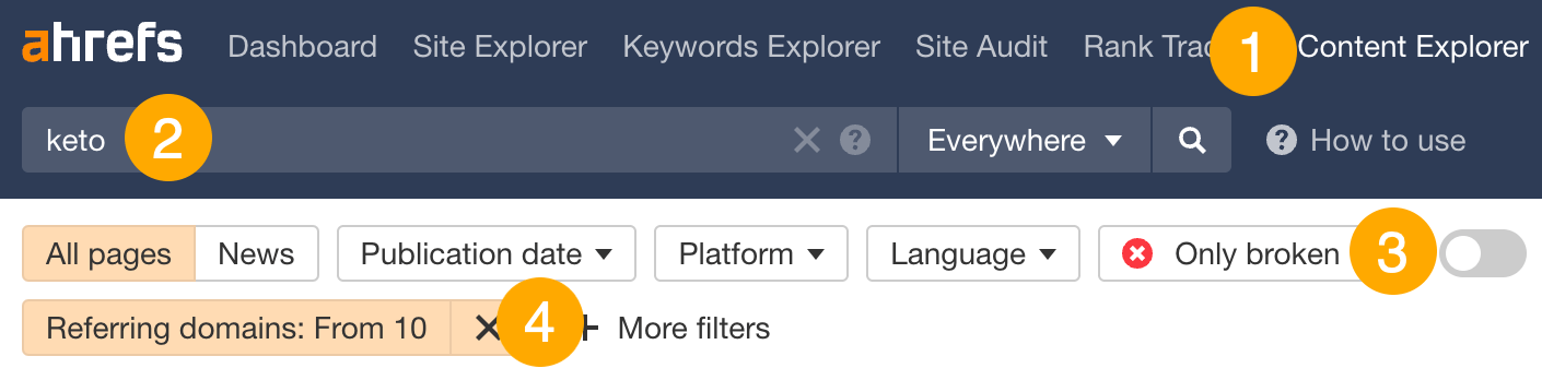 7 Popular White Hat Link Building Techniques (That SEOs Are Still Using Today) | Filters to find dead pages with links, via Ahrefs' Content Explorer