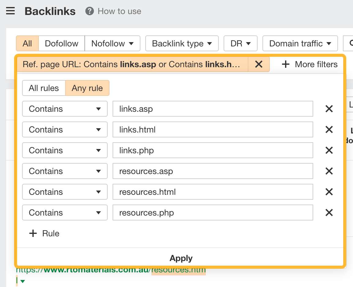 The Official Ahrefs Tutorial: How to Use Ahrefs to Improve SEO | Using the referring page URL filter in Site Explorer to find resource page link building opportunities