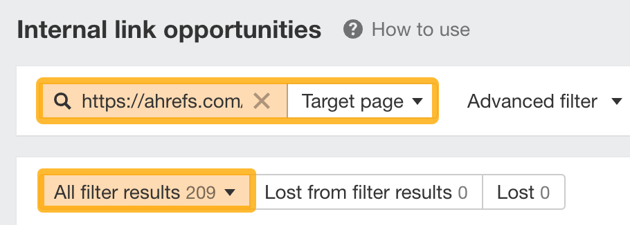 The Official Ahrefs Tutorial: How to Use Ahrefs to Improve SEO | Searching for a page to internally link to using the Target page filter