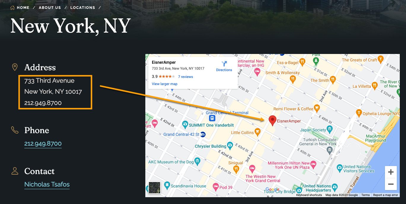 Location Landing Pages: 6 Crucial Elements Of Local Visibility | Example of a location page that includes a Google map with a pin for Eisner Amper's office.