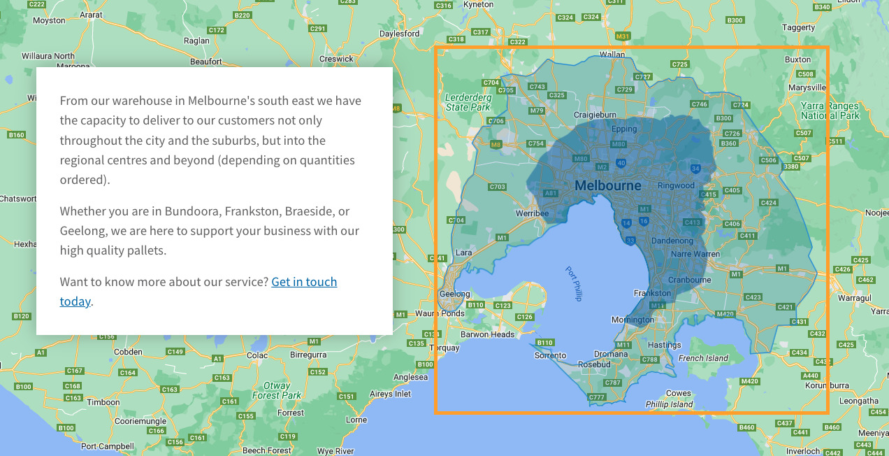 Location Landing Pages: 6 Crucial Elements Of Local Visibility | Example of Plain Pallet's local landing page including a map with their entire service area highlighted.