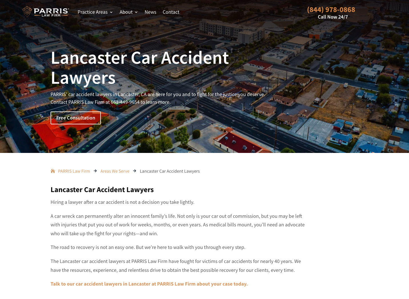 Location Landing Pages: 6 Crucial Elements Of Local Visibility | Parris Law Firm's above the fold design on a location landing page