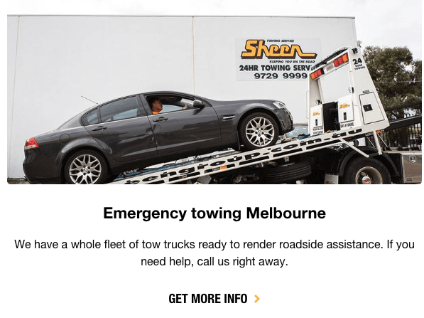 Location Landing Pages: 6 Crucial Elements Of Local Visibility | Example of Sheen Panel Services custom image displaying their towing service.