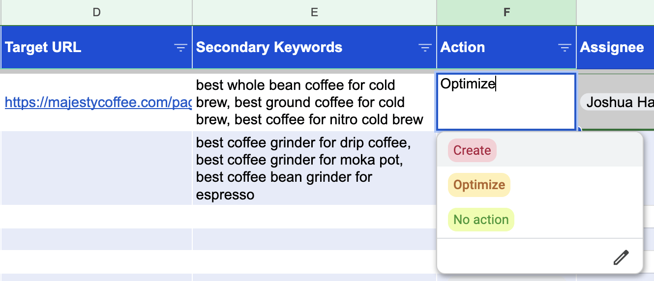 Keyword Mapping for SEO: How To Do It + Free Template | Choosing an action in the keyword mapping template