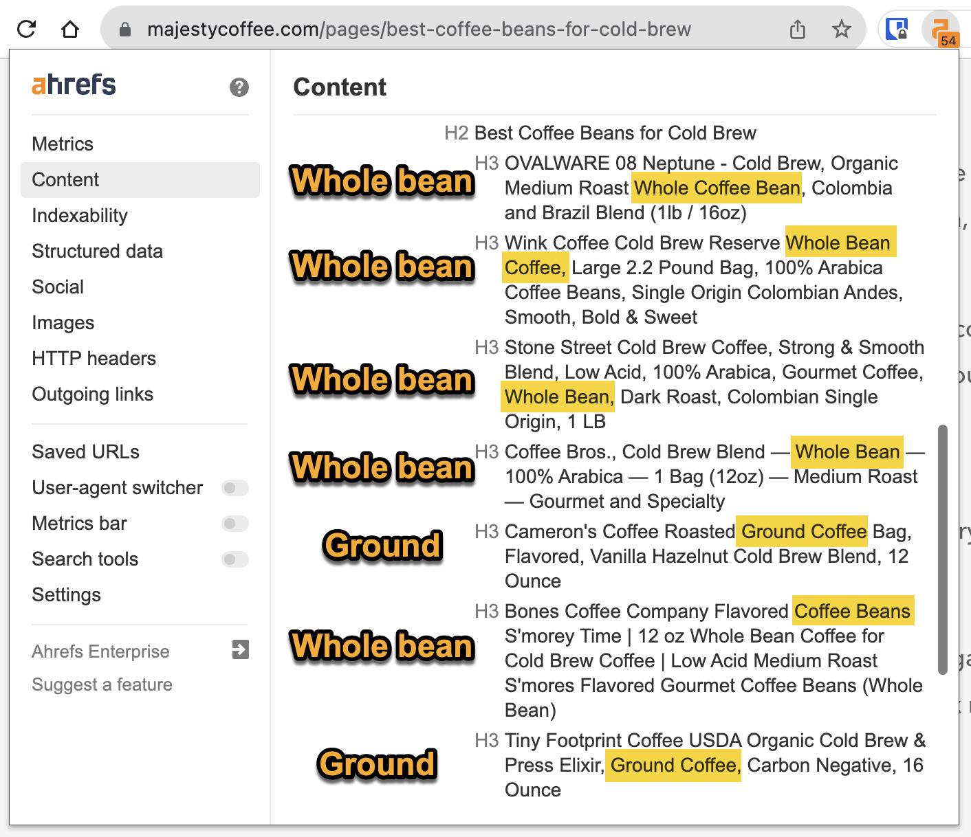 Keyword Mapping for SEO: How To Do It + Free Template | Subheadings for the top-ranking page, from Ahrefs SEO Toolbar