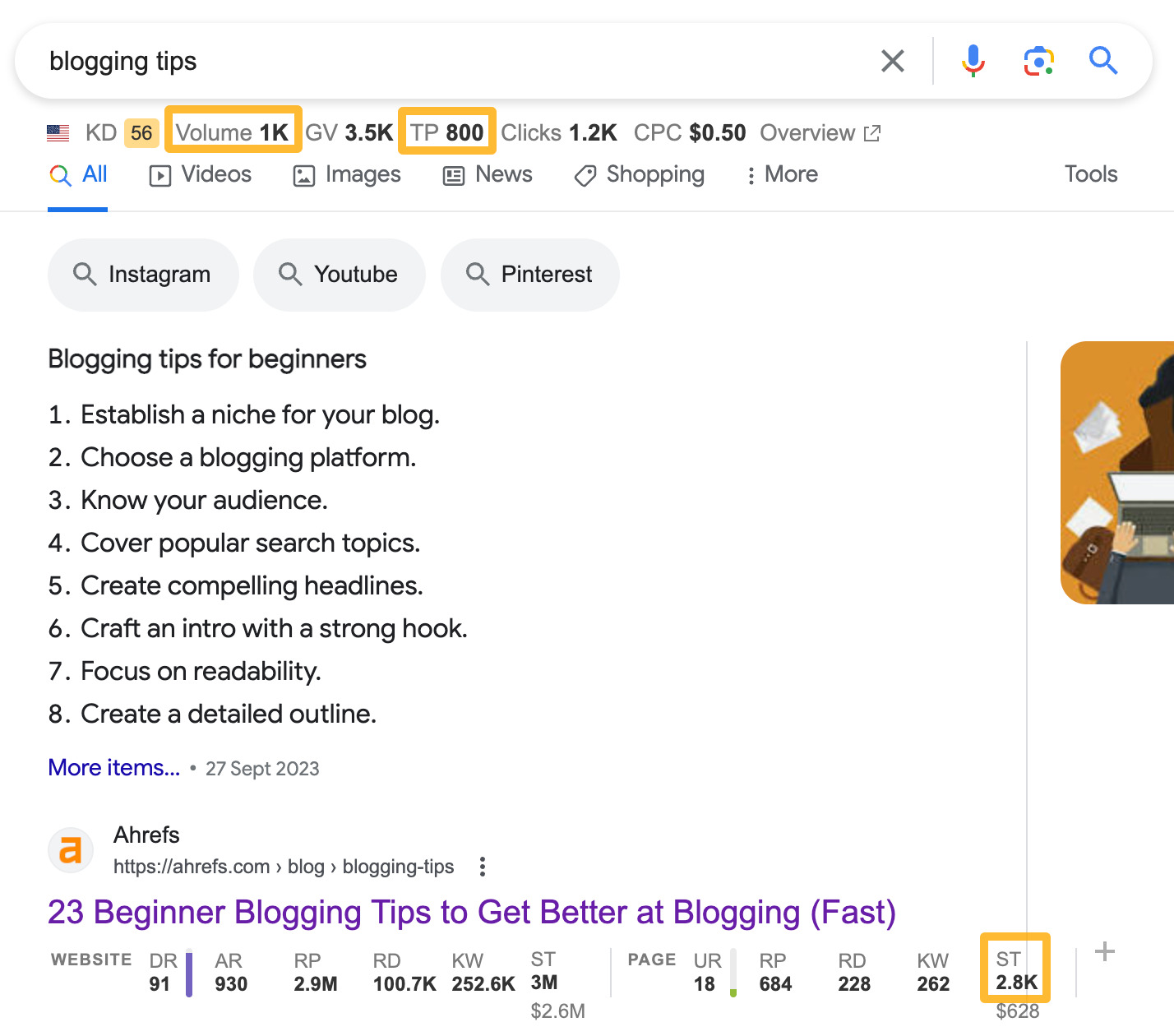 How to Launch an SEO Campaign in 3 Steps | Our SEO toolbar shows you the search volume and traffic potential (TP) for any keyword you enter. You can also see the amount of search traffic (ST) each top-ranking page gets.