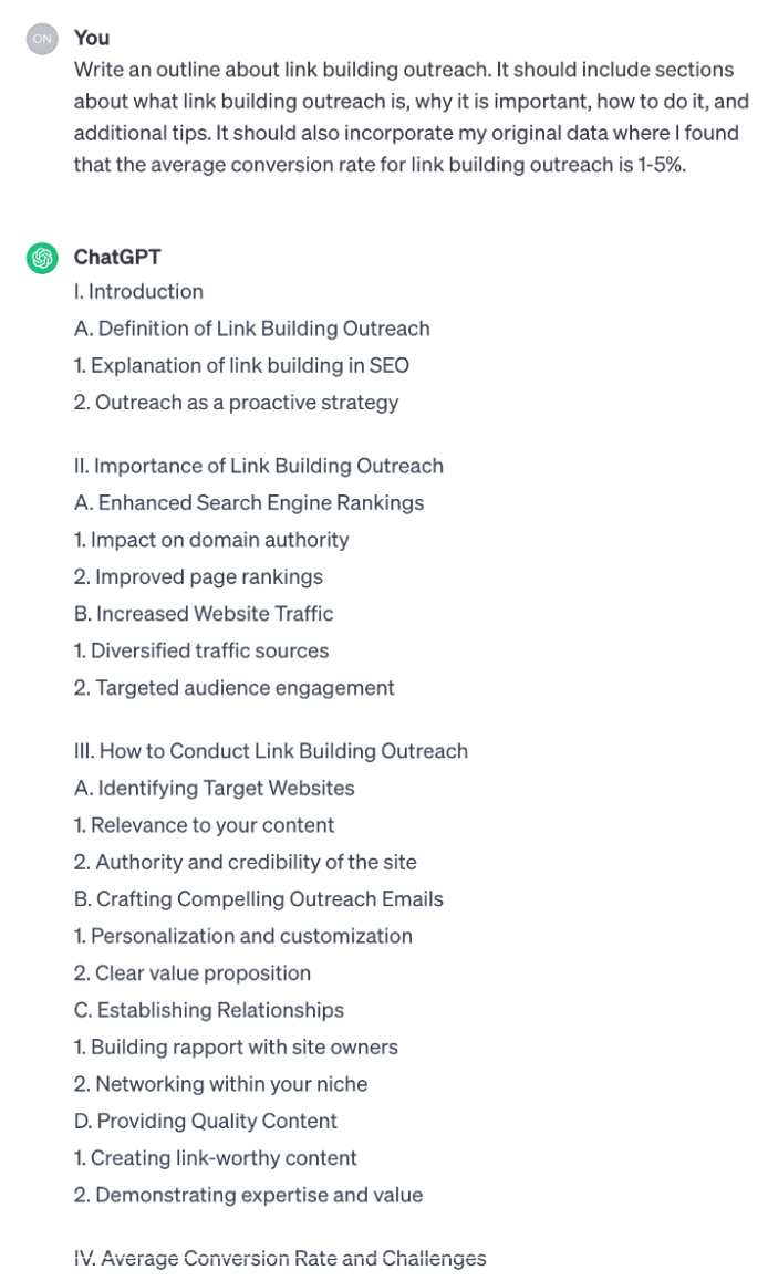 SEO Writing: 8 Steps to Create Search-Optimized Content | ChatGPT's outline for a post about link building outreach