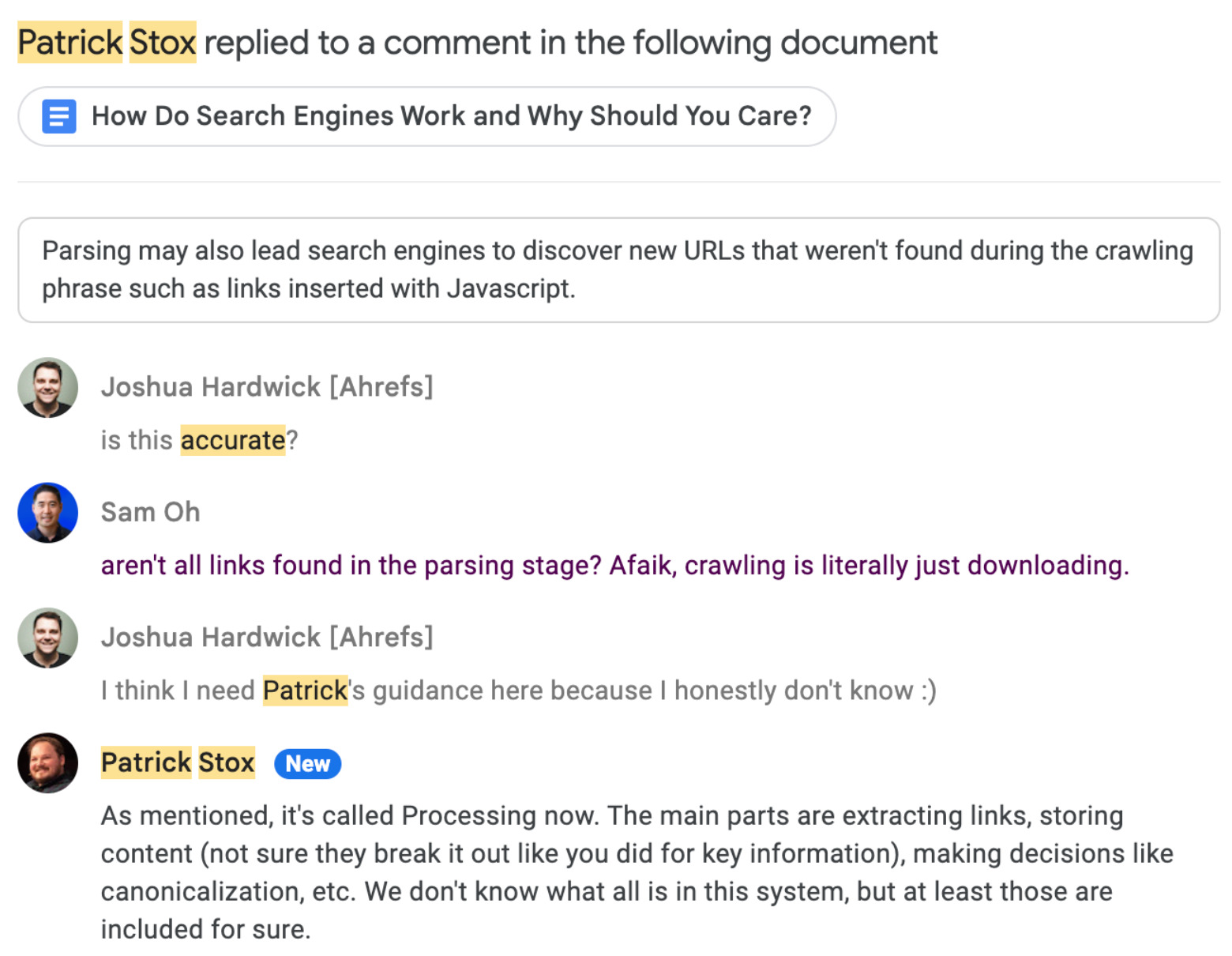 SEO Writing: 8 Steps to Create Search-Optimized Content | Back-and-forth comments in one of our drafts