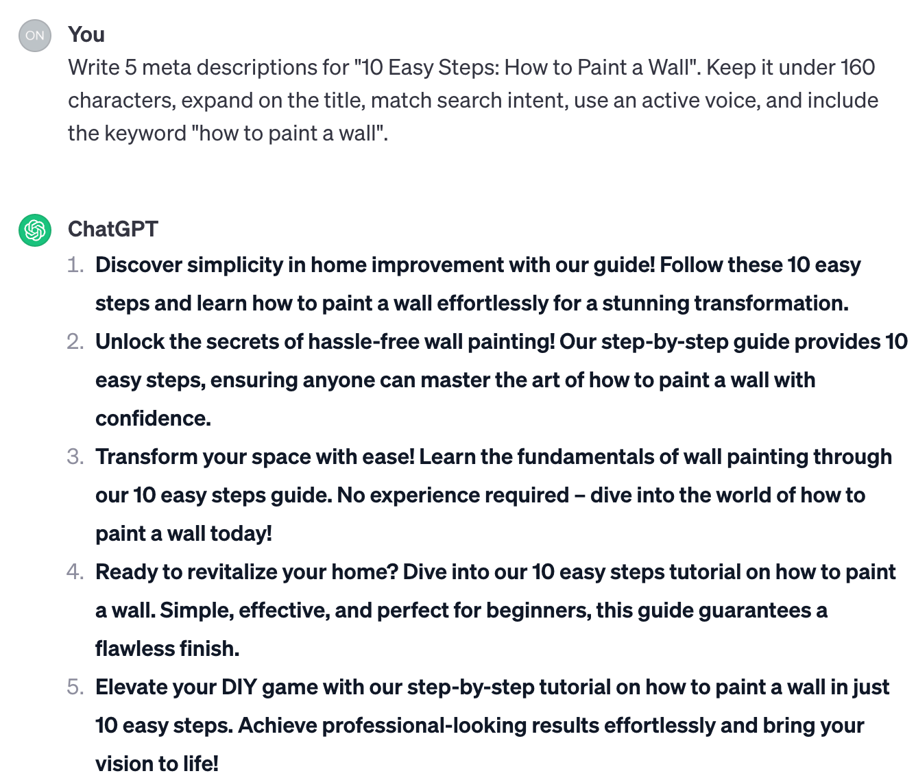 SEO Writing: 8 Steps to Create Search-Optimized Content | ChatGPT's response after being prompted to create 5 meta descriptions