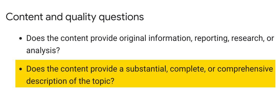 SEO Writing: 8 Steps to Create Search-Optimized Content | Google’s Helpful Content guidelines specify that Google is looking for a substantial, complete, or comprehensive description of a topic.