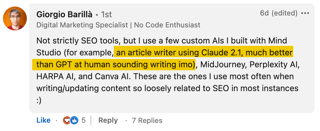 36 Free SEO Tools for DIY SEOs | A comment on LinkedIn saying that Claude produces more human-sounding drafts