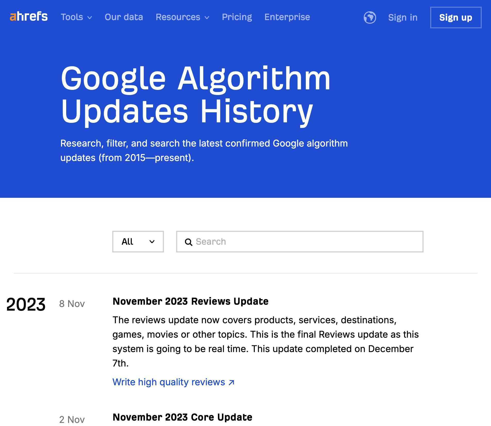 Headless SEO Explained + 6 Best Practices | Example of Ahrefs' headless CMS displaying Google's algorithm update history on a webpage