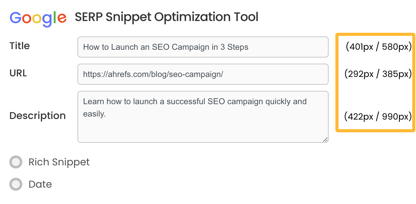 36 Free SEO Tools for DIY SEOs | HigherVisibility’s Google SERP Snippet Optimization Tool shows the number of pixels for your title, URL, and meta description