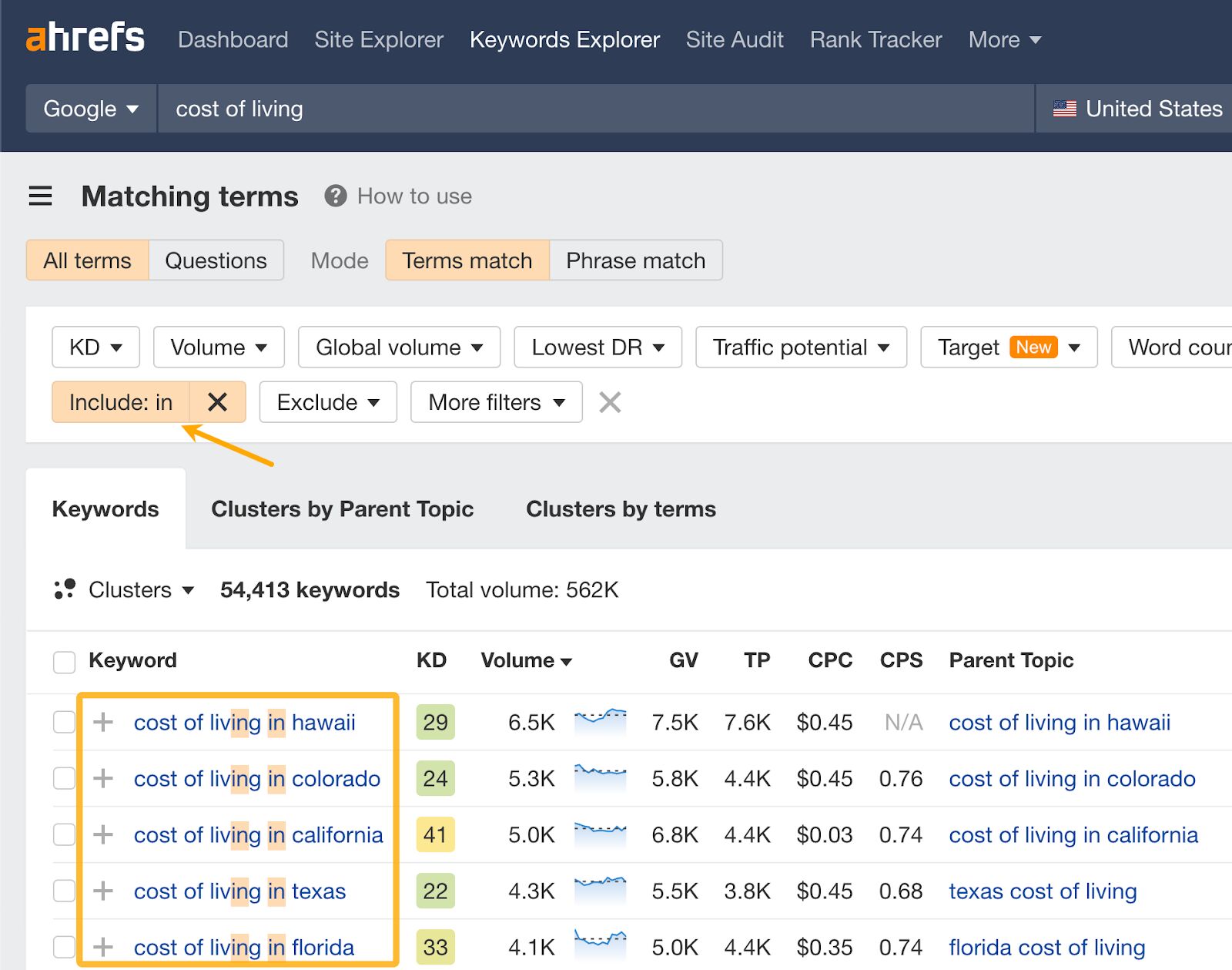SaaS SEO: The Tried & Tested Guide | Using keyword modifier in Keywords Explorer to find keyword patterns.