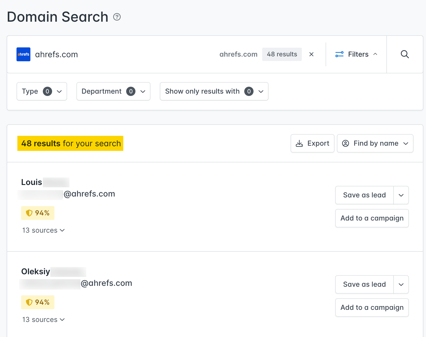 36 Free SEO Tools for DIY SEOs | The list of email addresses Hunter has found for ahrefs.com