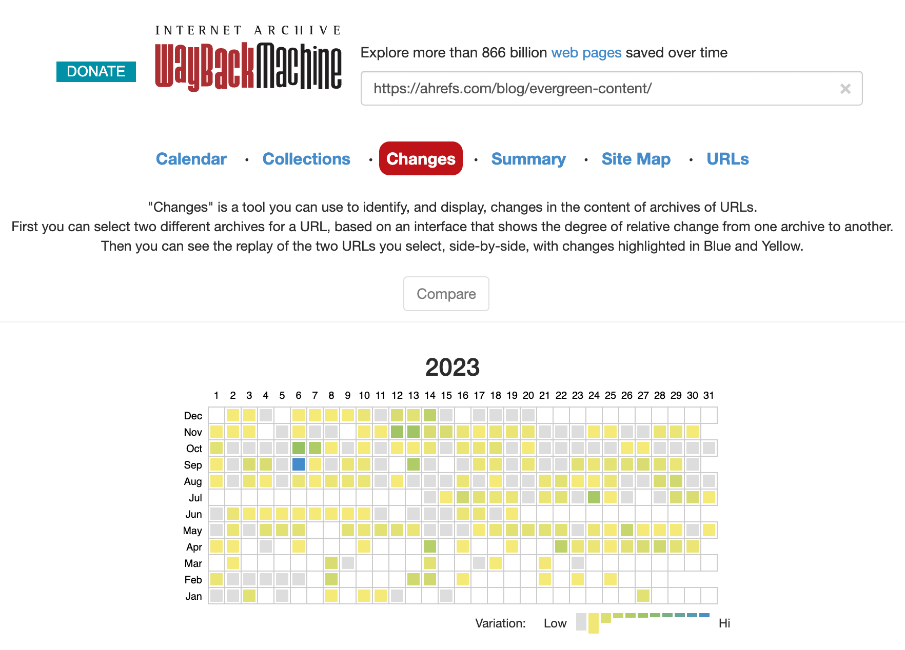36 Free SEO Tools for DIY SEOs | Wayback Machine's changes feature shows you when minor and major changes have been made to a page