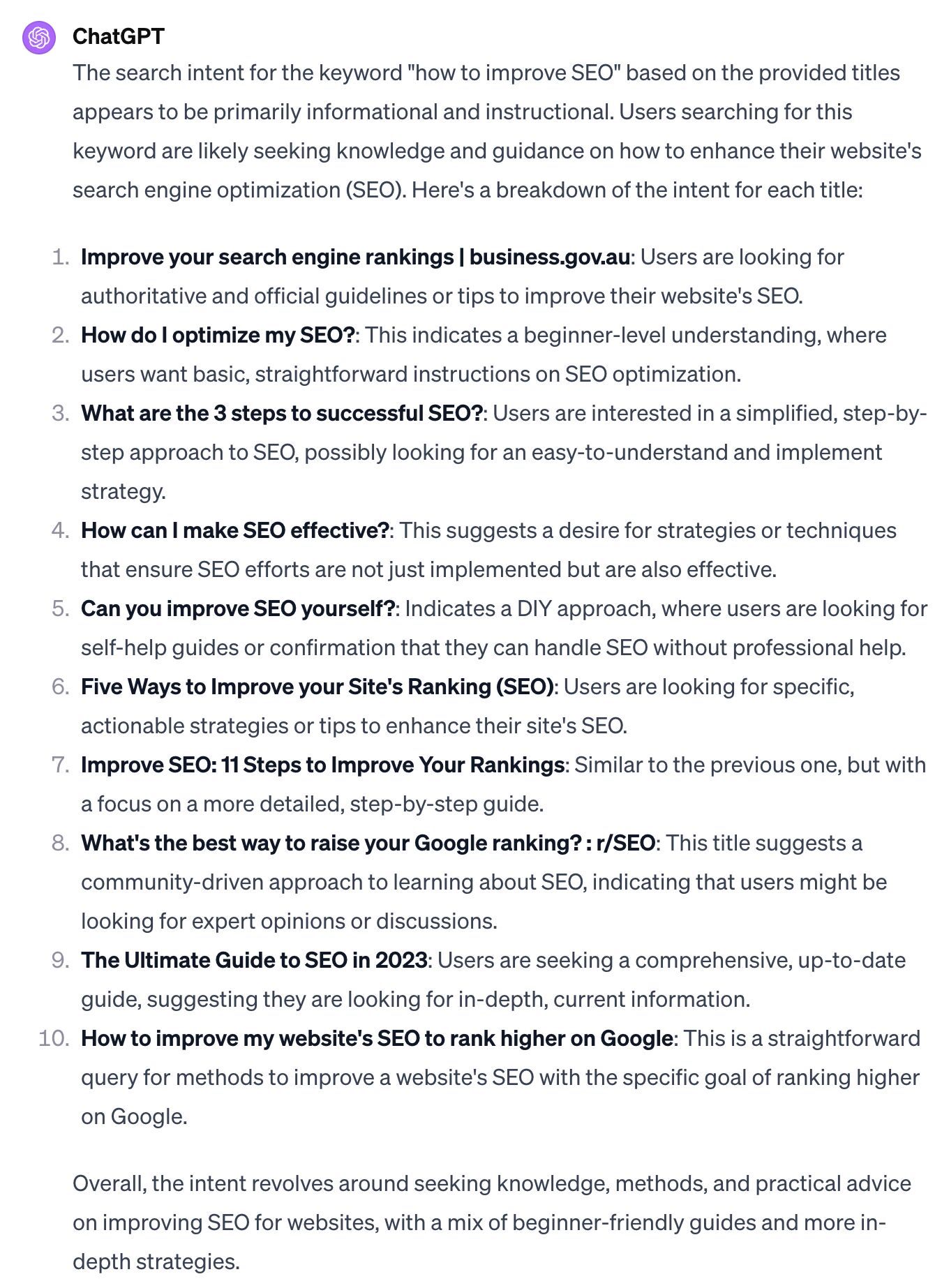 How to Use Ahrefs and ChatGPT to Improve Your SEO | ChatGPT's analysis of search intent for the keyword "how to improve SEO"