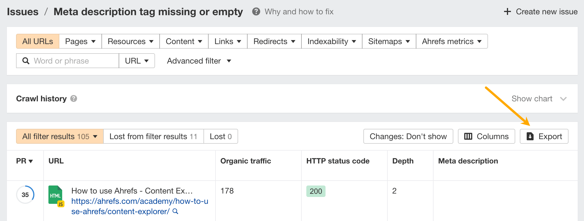 How to Use Ahrefs and ChatGPT to Improve Your SEO | Export button in Site Audit