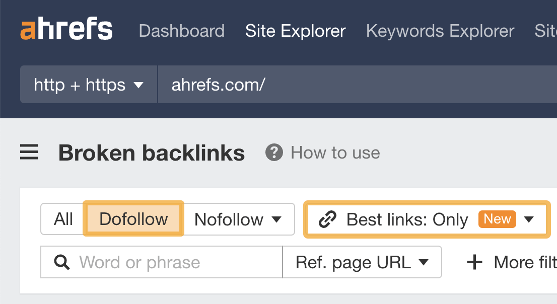 A Beginner's Guide to SEO Reporting | Filter-to-find-broken-backlinks-via-ahrefs-site-explorer