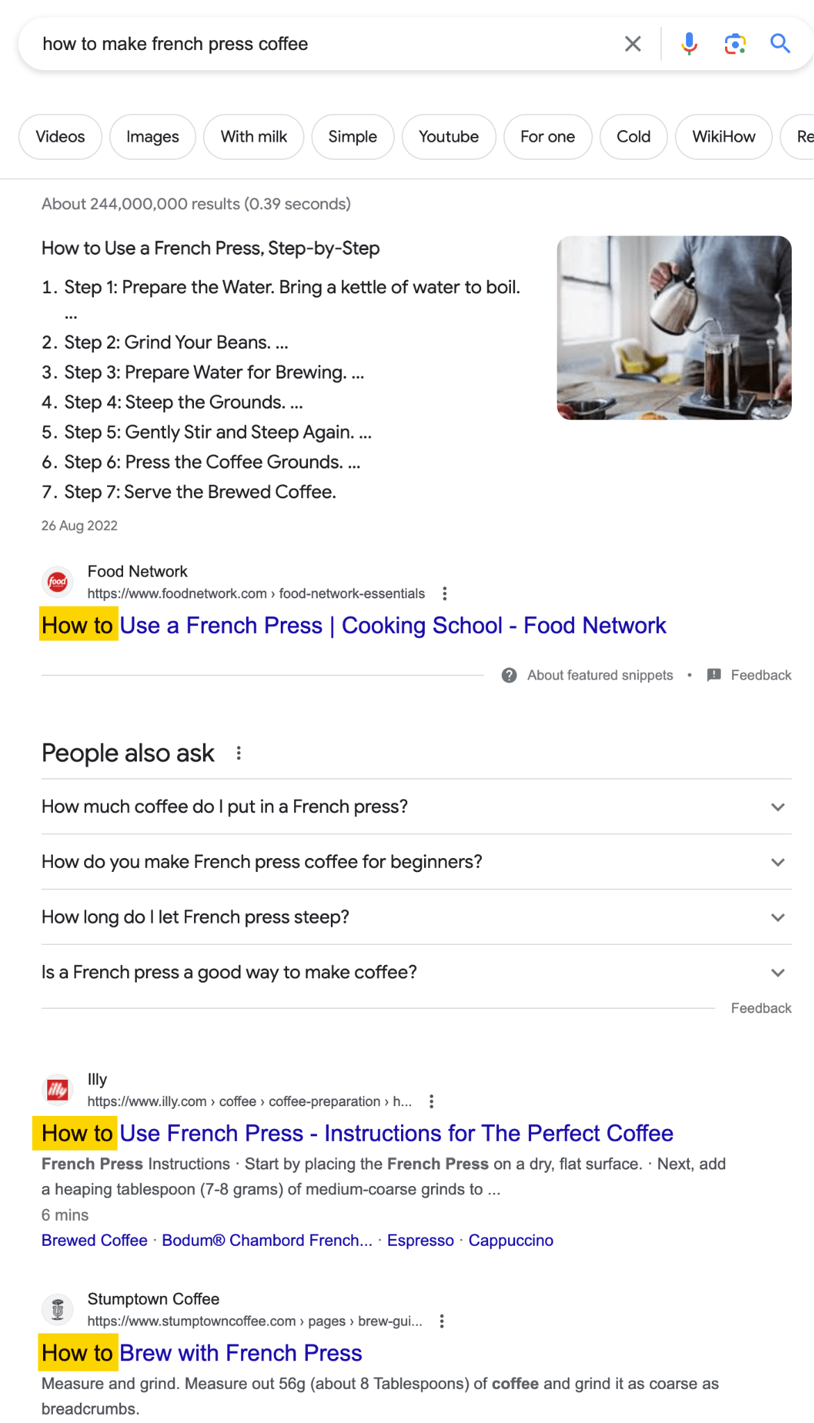 Content Promotion: There are Only 3 Ways to Distribute Content | Google search results for "how to make french press coffee" shows searchers want a how-to guide