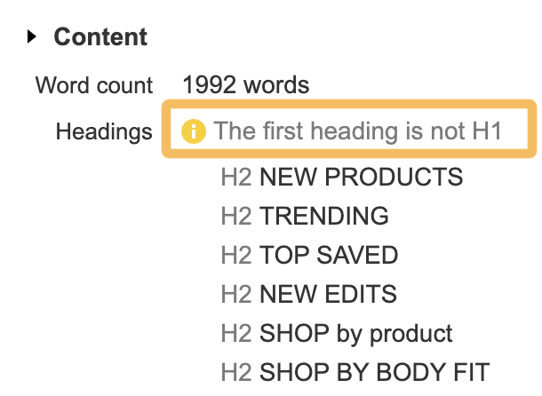 Product Page SEO: The Anatomy of a Well-Optimized Page | Headings check, via Ahrefs' SEO toolbar