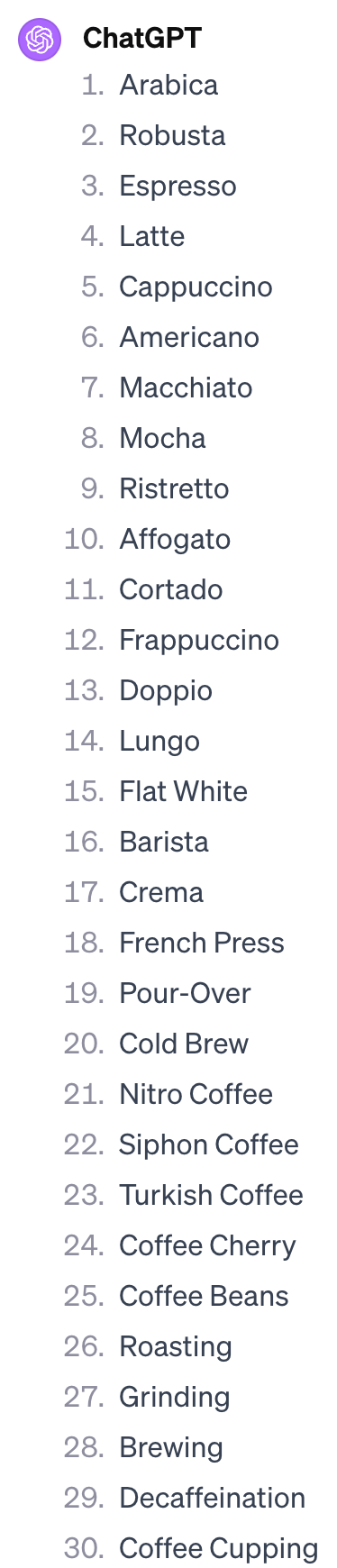 How to Use Ahrefs and ChatGPT to Improve Your SEO | List of terms related to coffee, suggested by ChatGPT